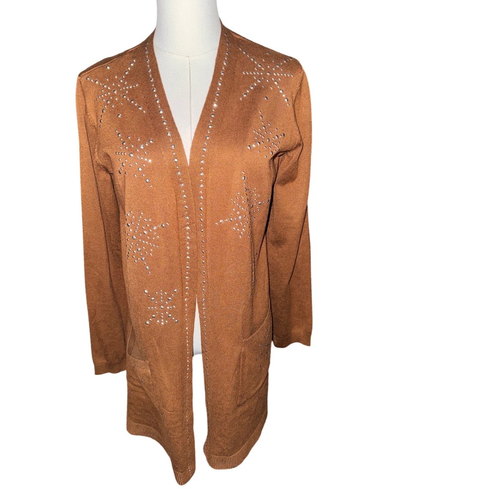 Seven Manor‎ Womens Cognac Brown Rhinestone Embellished Cardigan Medium NEW